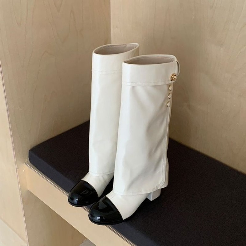 Knee High Sock Women - Eleganckie czarno-białe kozaki za kolano z